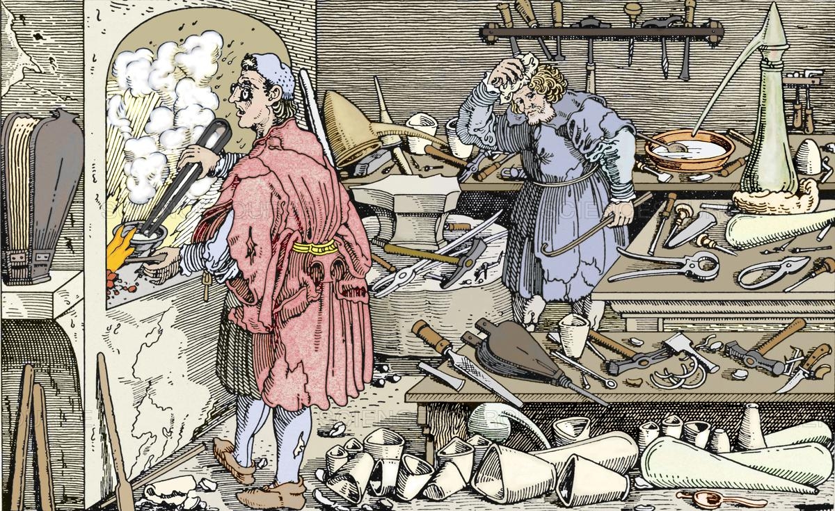 Colorized woodcut illustration of a distillery workshop